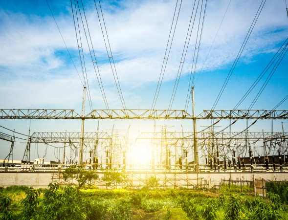 Subestación eléctrica al atardecer con múltiples líneas de transmisión de alta tensión y vegetación en primer plano.
