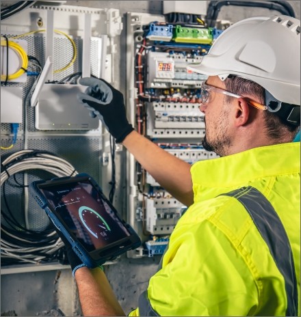 Técnico de Sonetel Energía, Conexión y Futuro revisando una instalación eléctrica con un medidor digital de red.